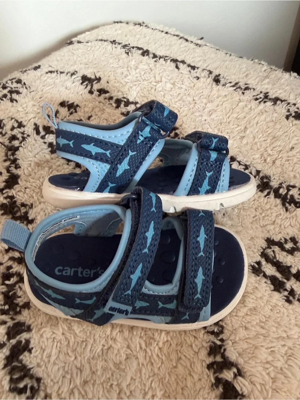Carter’s Toddler Shark Print Sport Sandals Blue Hook Loop Size 3 Water Shoes